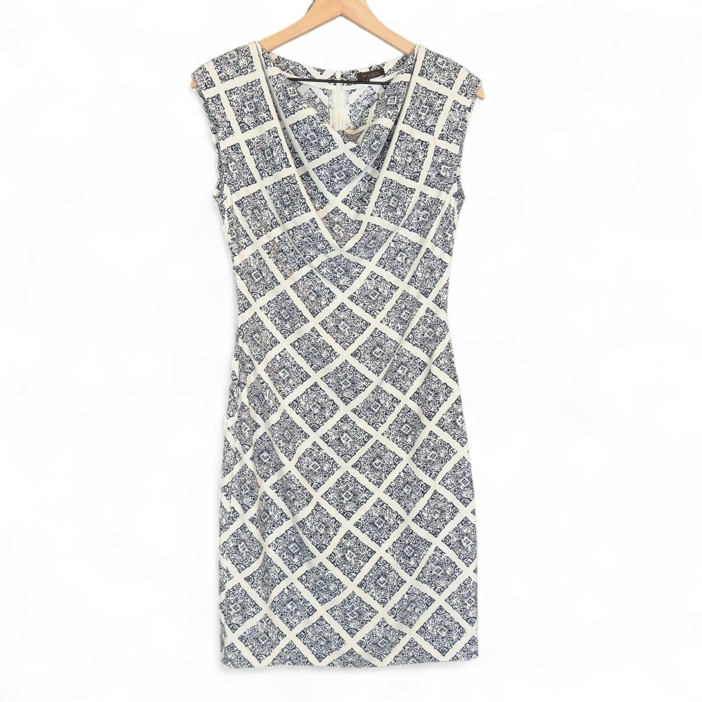 Peserico‎ Luxury Italian White Blue Drape Cowl Neck Sheath Dress S Graduation